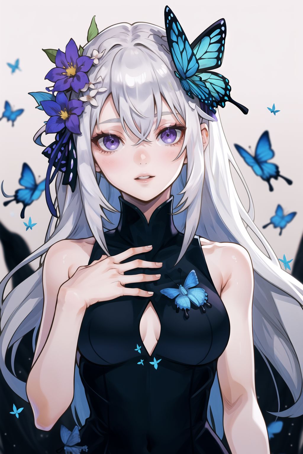 250034-670059540-1girl,butterfly,bug,blue butterfly,solo,hair ornament,flower,long hair,looking at viewer,hair flower,purple eyes,smile,bangs,upp.jpg